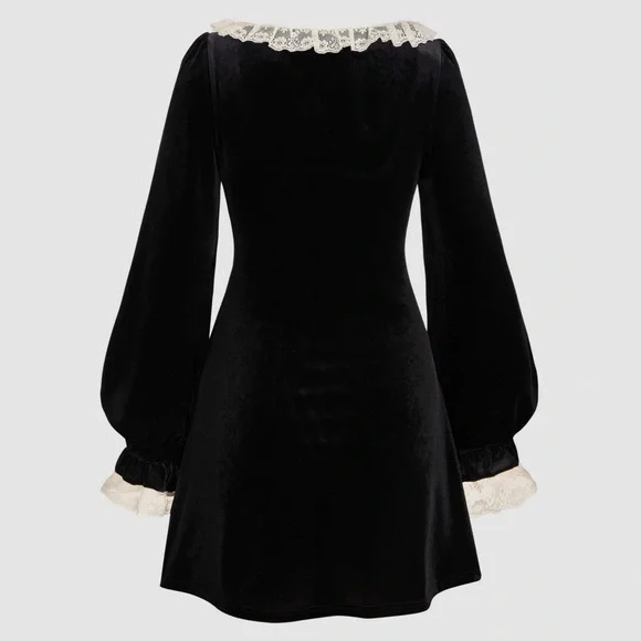 Velvet Scoop Neck Lace Bowknot Mini Dress - Picture 4 of 4